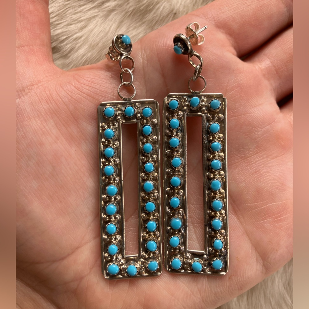 Zuni Turquoise Rectangular Drop Earrings - Picture 5 of 6